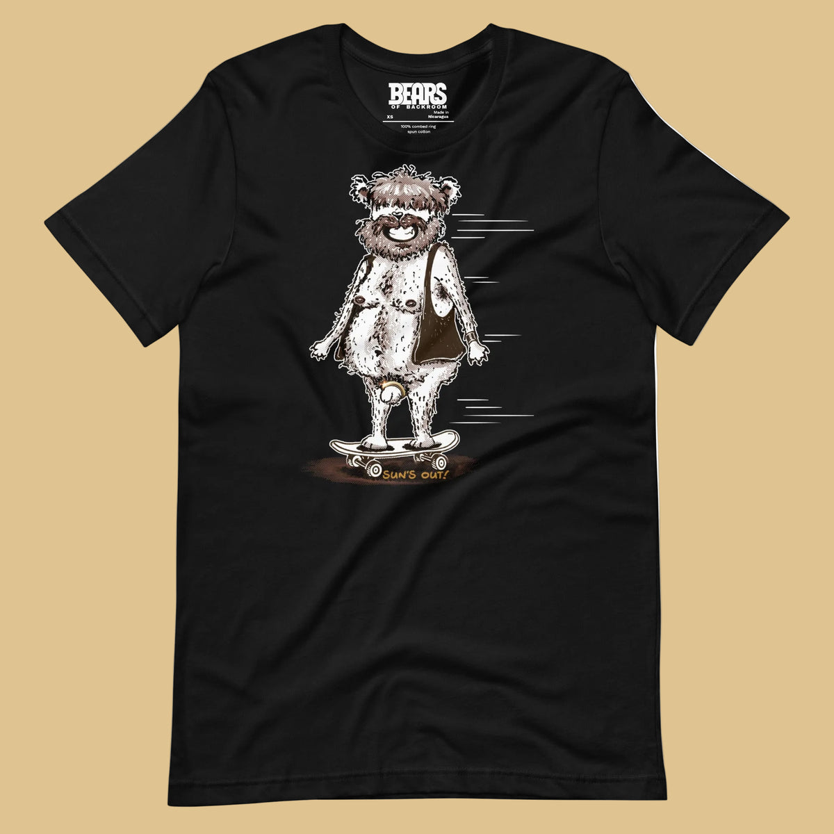 Black Sun’s Out T-Shirt laid flat on beige, featuring a shaggy bear in an open vest riding a skateboard.
