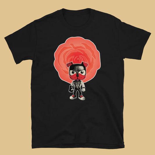 T-shirt in black featuring red rose pup design - pup play kink pride wear for US gay fisting community
