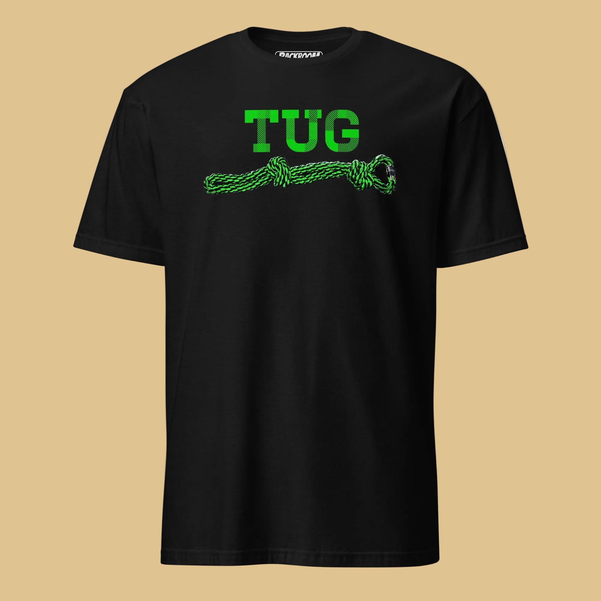 Black t-shirt with green 'TUG' and rope graphic on a beige background