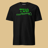 Black t-shirt with green 'TUG' and rope graphic on a beige background