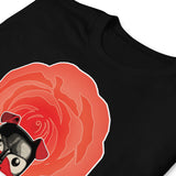 Folded T-shirt in black featuring red rose pup design - pup play kink pride wear for US gay fisting community