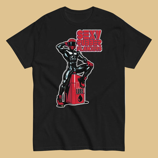 black t-shirt with a man in latex rubber with red helmet and shoes sitting on top of a square barrel of lube graphic design on a beige background  - Black and red Sexy Rubber Flanders t-shirt - kinky latex rubber kink tee by BackRoomGear 