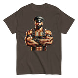 T-shirt in dark chocolate brown featuring Sir Leather Alpha design - leather daddy pride wear for US gay dom community