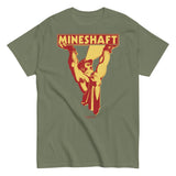 Military Green t-shirt with 'MINESHAFT' graphic design on a white background - Retro LGBTQ+ pride t-shirts US UK – Gay pride shirts collection – Made-to-order gay apparel