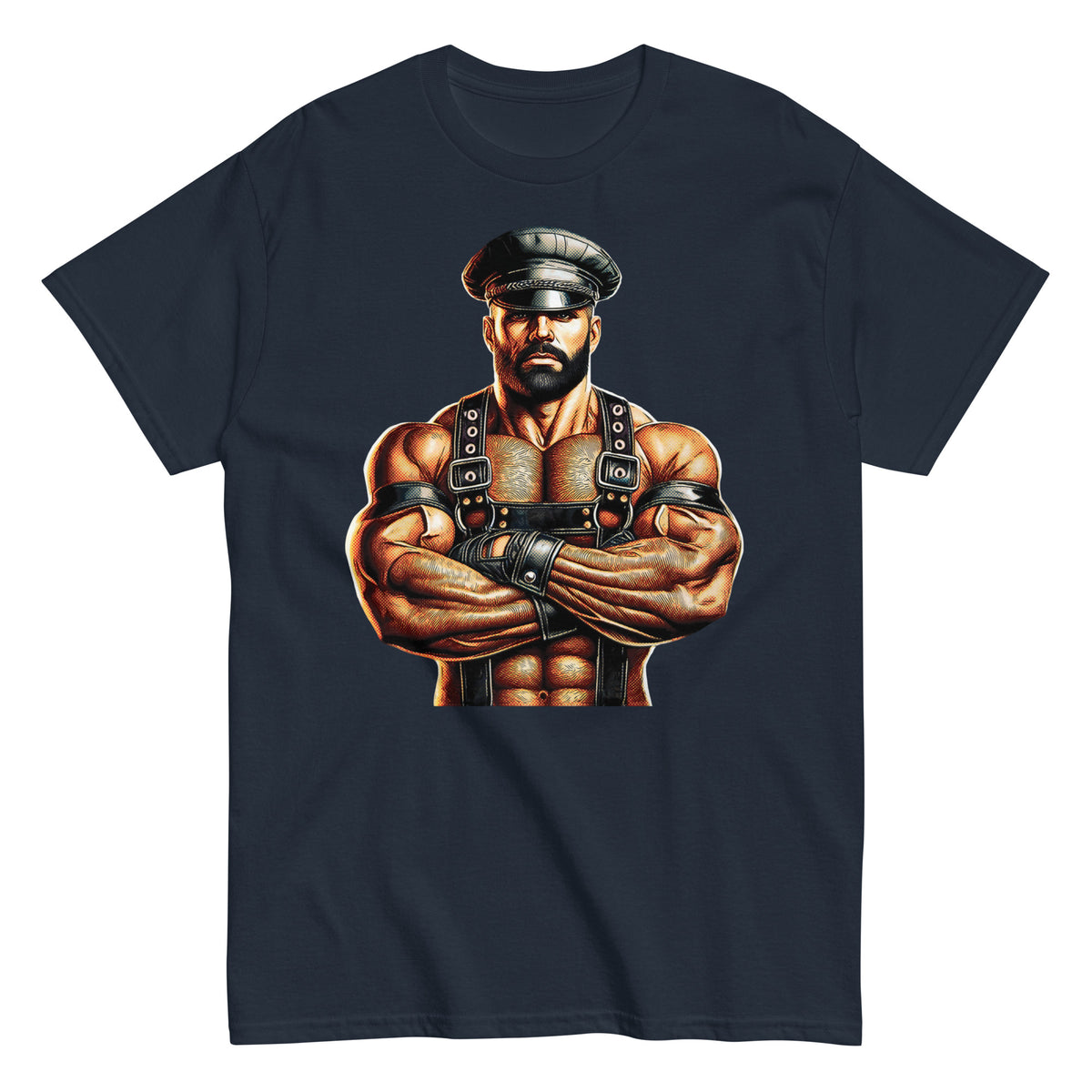 T-shirt in navy blue featuring Sir Leather Alpha design - leather daddy pride wear for US gay dom community