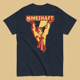 Navy t-shirt with 'MINESHAFT' graphic design on a beige background - Retro LGBTQ+ pride t-shirts US UK – Gay pride shirts collection – Made-to-order gay apparel