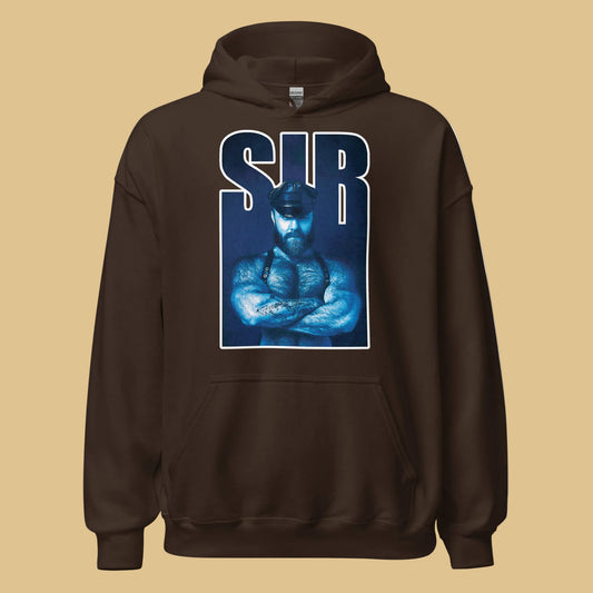 Dark chocolate Sir Bear leather dom hoodie - gay bear kink pullover by BackRoomGear