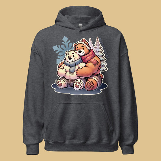 Dark Heather gray Hoodie featuring cuddly bear winter design - cozy winter wear for US gay bear community