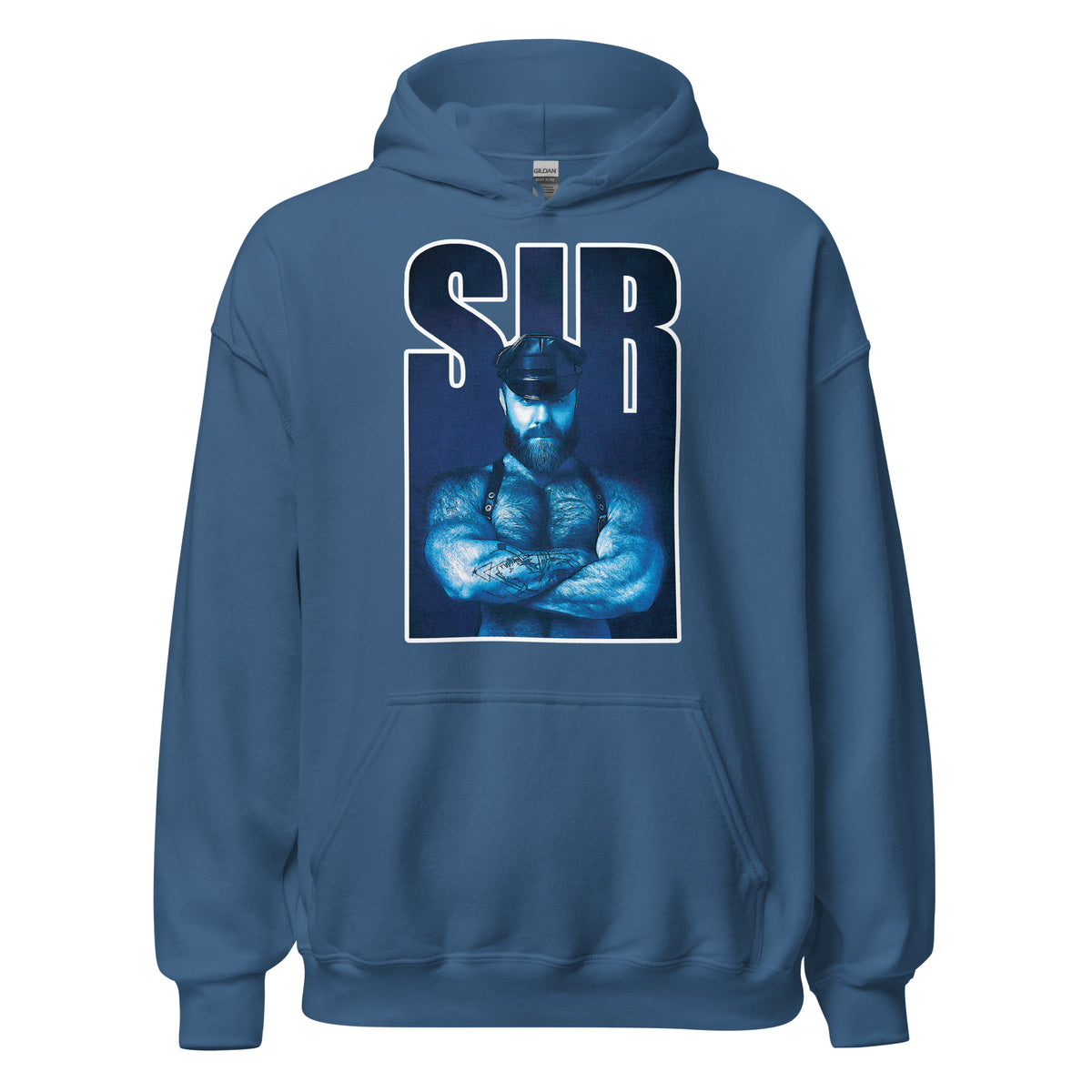 Sir Bear indigo blue eaturing a hairy bear leather dom alpha with folded arms with the word "SIR" in blue - Sir Bear leather dom hoodie - gay bear kink pullover by BackRoom Gear 
