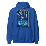 Sir Bear royal blue hoodie eaturing a hairy bear leather dom alpha with folded arms with the word "SIR" in blue - Sir Bear leather dom hoodie - gay bear kink pullover by BackRoom Gear 