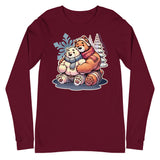 Long sleeve tee in maroon featuring cuddly bear winter design - cozy winter wear for US gay bear community