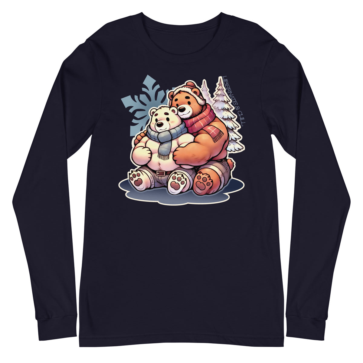 Long sleeve tee in navy featuring cuddly bear winter design - cozy winter wear for US gay bear community