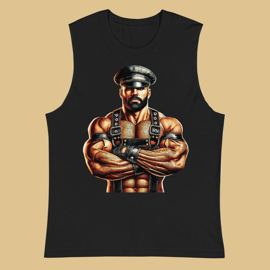 Muscle shirt in black featuring Sir Leather Alpha design - leather daddy pride wear for US gay dom community