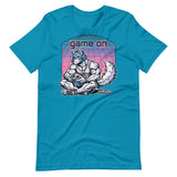 Aqua t-shirt with a "Game On Pup" graphic design – Gamer Gay Pup Play T-Shirt – LGBTQ+ pride t-shirts US UK – Gay pride shirts collection – Made-to-order gay apparel