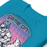 Close up of Aqua t-shirt with a "Game On Pup" graphic design – Gamer Gay Pup Play T-Shirt – LGBTQ+ pride t-shirts US UK – Gay pride shirts collection – Made-to-order gay apparel
