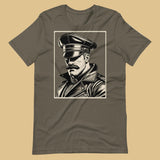 Army Grey shirt with a graphic of a Leather Daddy portrait on a beige background- Army Leather Icon t-shirt - leather daddy gay pride LGBTQ+ tee by BackRoomGear