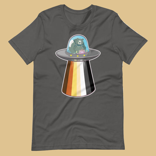 Gay bear tee in asphalt grey with UFO leather bear pride flag graphic flat lay - UFO Bear T-Shirt – Gay Leather Pride Tee for Bears – LGBTQ+ pride t-shirts US UK – Gay pride shirts collection – Made-to-order gay apparel