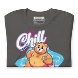 Folded asphalt grey t-shirt with a pool bear graphic and 'Chill' text on a yellow background - Bear Pool Pride T-Shirt | Chubby Bear Graphic Tee – Gay pride shirts collection – LGBTQ+ pride t-shirts US UK – Made-to-order gay apparel