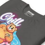 Folded asphalt grey t-shirt with a pool bear graphic and 'Chill' text on a yellow background - Bear Pool Pride T-Shirt | Chubby Bear Graphic Tee – Gay pride shirts collection – LGBTQ+ pride t-shirts US UK – Made-to-order gay apparel