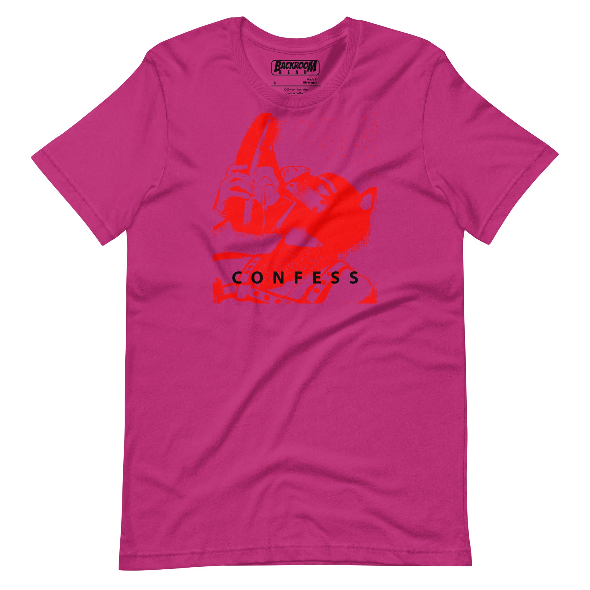 Berry pink t-shirt with a Sneaker Pup graphic design and 'CONFESS' text on a white background
