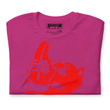 Folded closeup of berry pink t-shirt with a Sneaker Pup graphic design and 'CONFESS' text