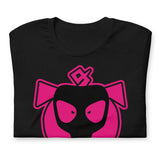 Folded Black gas mask pig t-shirt featuring a vibrant pink pig icon wearing a gas mask - rubber kink pride LGBTQ+ apparel by BackRoom Gear
