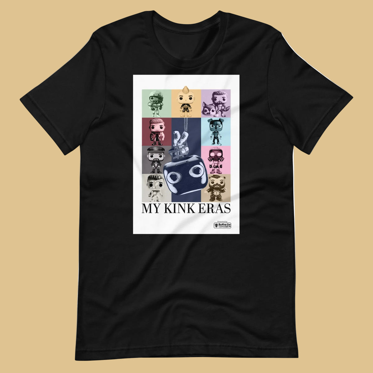 Black shirt featuring kinky pop vinyl graphic such as fisting and watersports as a tribute to Taylor Swift's Eras Tour Poster- Black Kink Eras t-shirt - LGBTQ+ kink pride parody tee by BackRoom Gear