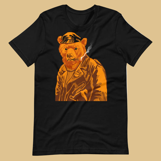 Black T-shirt with a vintage-style graphic of a leather-clad bear - Vintage Leather Bear Pride T-Shirt – Retro Gay Bear Flag Tee – LGBTQ+ pride t-shirts US UK – Gay pride shirts collection – Made-to-order gay apparel