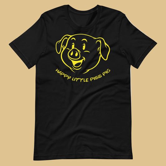 Black t-shirt with yellow graphic of a piss pig and text on a beige background - Black Happy Little Piss Pig t-shirt - watersports kink pride LGBTQ+ tee by BackRoom Gear