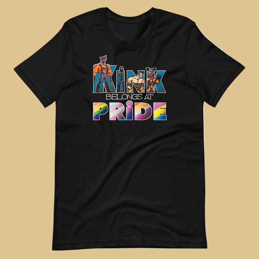 Kink-Pride-Black Flat Shirt - backroom gear - Kink Belongs at Pride T-Shirt – Bold LGBTQ+ Kink Pride Tee – Gay pride shirts collection – LGBTQ+ pride t-shirts US UK – Made-to-order gay apparel