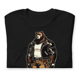 Folded black t-shirt with a graphic of a buff cartoon bear wearing a leather jacket - Leather Daddy Bear T-Shirt – Gay Bear Pride Community Tee – LGBTQ+ pride t-shirts US UK – Gay pride shirts collection – Made-to-order gay apparel