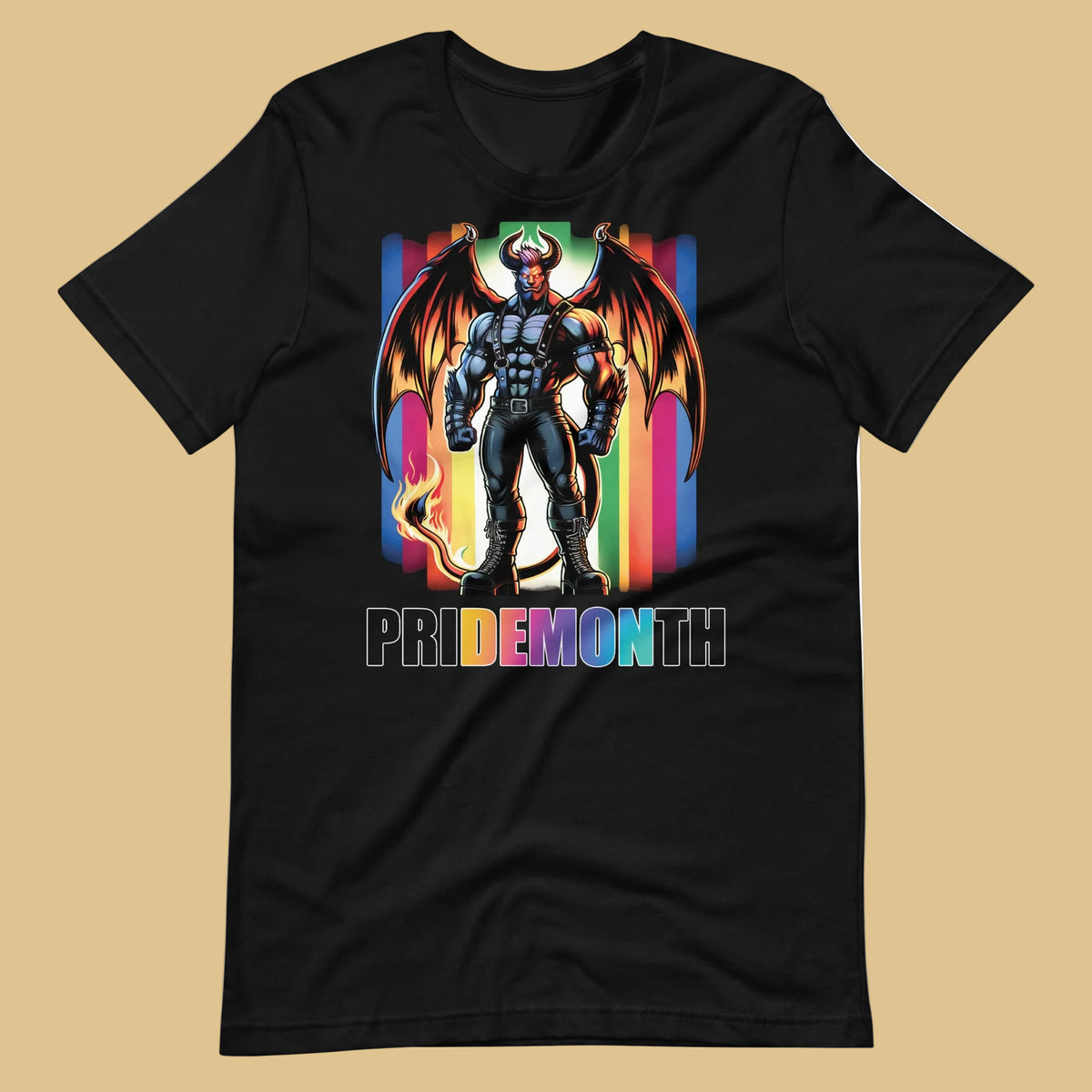 black t-shirt with a colorful Leather Demon Pride Month graphic design and text on a beige background - Pride Month DEMON T-Shirt Bold LGBTQ+ Pride Apparel – Gay pride shirts collection – LGBTQ+ pride t-shirts US UK – Made-to-order gay apparel