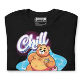 Folded black t-shirt with a pool bear graphic and 'Chill' text on a yellow background - Bear Pool Pride T-Shirt | Chubby Bear Graphic Tee – Gay pride shirts collection – LGBTQ+ pride t-shirts US UK – Made-to-order gay apparel