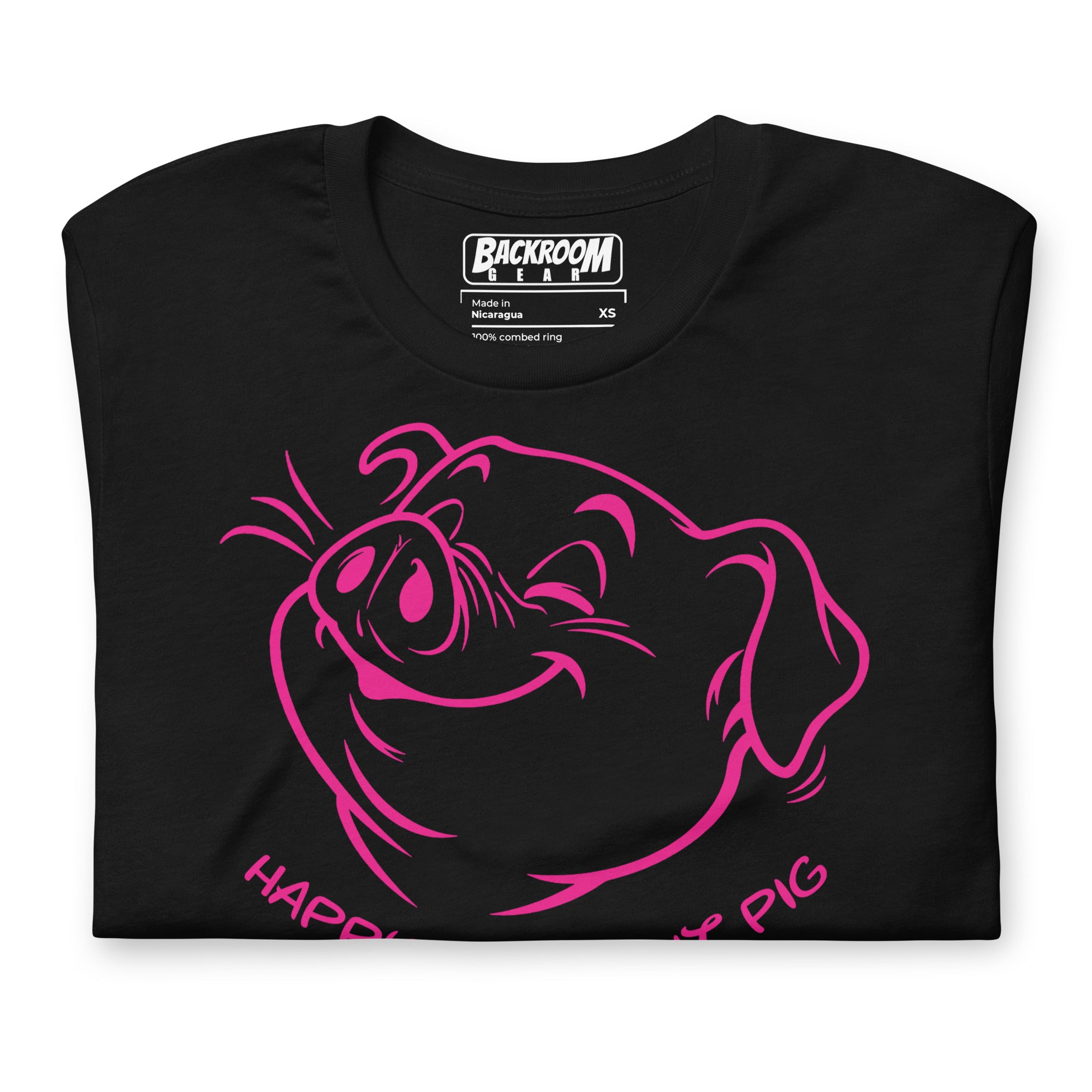 Folded Happy Little Pit Pig black t-shirt front view with pit pig graphic - Backroom Gear