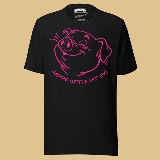 Happy Little Pit Pig black t-shirt front view with pit pig graphic - Backroom Gear
