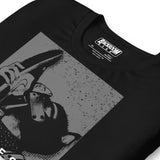 Folded closeup of black t-shirt with a Sneaker Pup graphic design and 'CONFESS' text