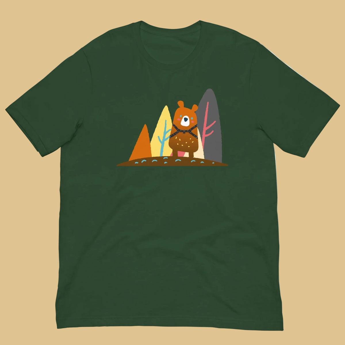 Bear-in-the-woods-Forest-green T-Shirt-Flat Backroom-Gear - Wild Leather Bear Pride T-Shirt – Gay Bear Flag Tee – LGBTQ+ pride t-shirts US UK – Gay pride shirts collection – Made-to-order gay apparel