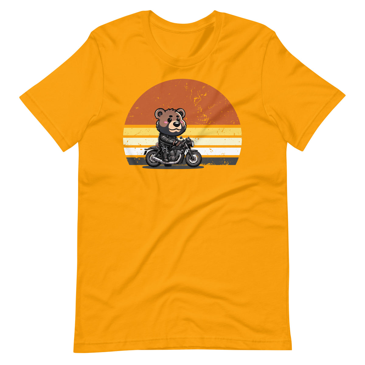 Yellow gold t-shirt with a bear on a motorcycle graphic - Leather Biker Bear T-Shirt - Cute Retro Sunset Design – Gay pride shirts collection – LGBTQ+ pride t-shirts US UK – Made-to-order gay apparel
