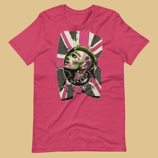 Berry pink t-shirt with a homosexual punk pink and green graphic design on a beige background - Heather raspberry Queer Punk Anthem t-shirt - gay rebel graphic tee by BackRoomGear