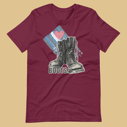 Love Boots Maroon T-Shirt Flat - BackRoomGear - Love Boots Leather Lover T-Shirt – Gay Leather Pride Flag Tee – LGBTQ+ pride t-shirts US UK – Gay pride shirts collection – Made-to-order gay apparel