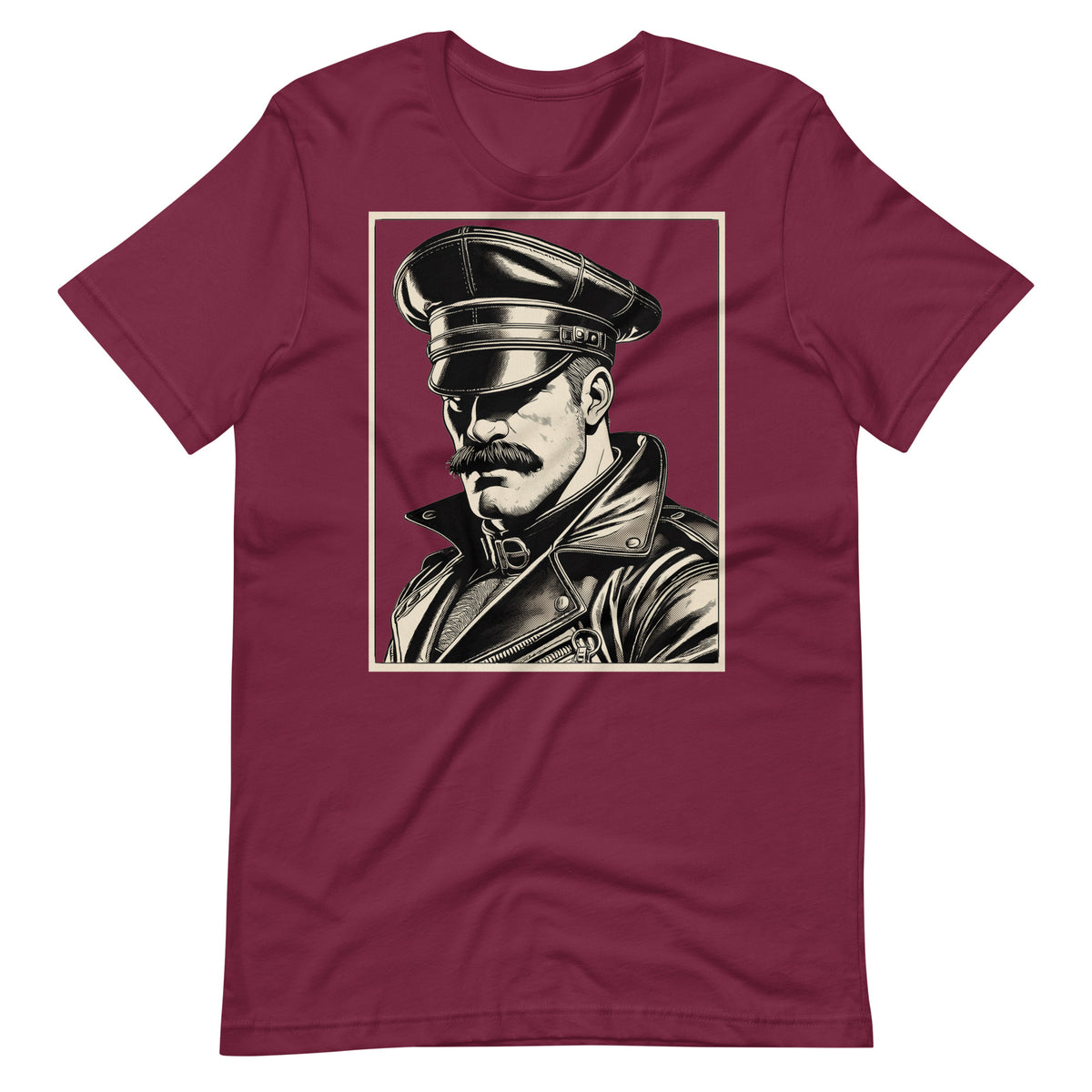 maroon T-shirt with a graphic design of a mustachioed man in classic leather gear - - Maroon Leather Icon t-shirt - leather daddy gay pride LGBTQ+ tee by BackRoomGear