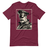 maroon T-shirt with a graphic design of a mustachioed man in classic leather gear - - Maroon Leather Icon t-shirt - leather daddy gay pride LGBTQ+ tee by BackRoomGear
