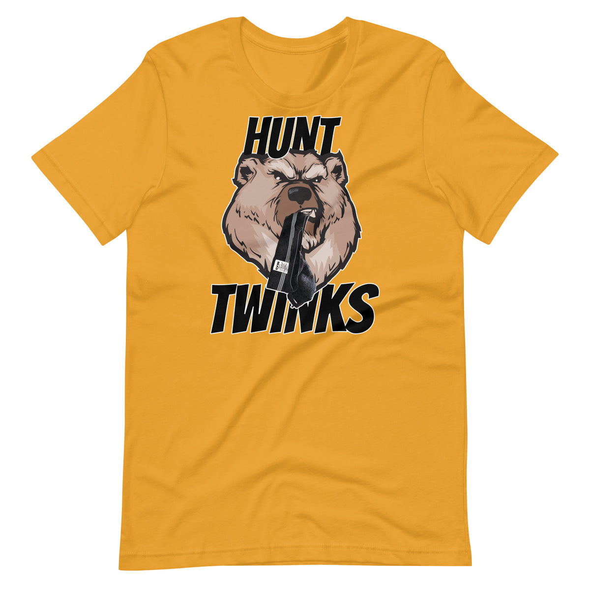 Gay bear t-shirt Hunt Twinks grizzly graphic in mustard yellow
