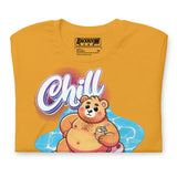 Mustard yellow t-shirt with a pool bear graphic and 'Chill' text on a yellow background - Bear Pool Pride T-Shirt | Chubby Bear Graphic Tee – Gay pride shirts collection – LGBTQ+ pride t-shirts US UK – Made-to-order gay apparel