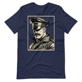 Navy Blue T-shirt with a graphic design of a mustachioed man in classic leather gear - Navy Leather Icon t-shirt - leather daddy gay pride LGBTQ+ tee by BackRoomGear