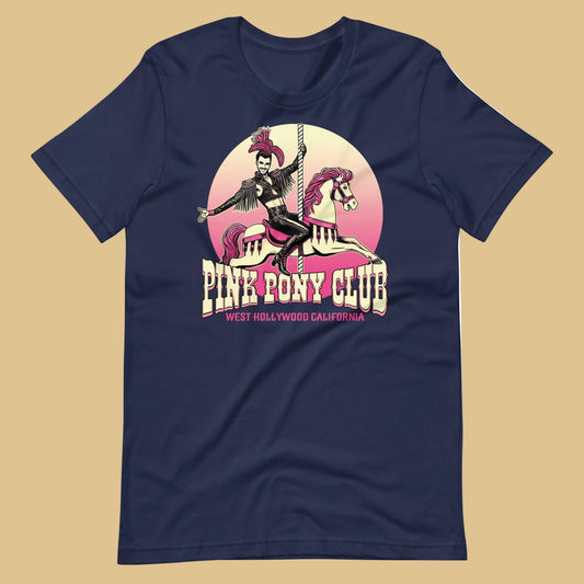 Navy t-shirt with a graphic design of a leather-clad rider on a carousel pony, with the text 'PINK PONY CLUB' above the graphic - Pink Pony Club T-Shirt – LGBTQ+ Leather Pride Gay Tee – Gay pride shirts collection – LGBTQ+ pride t-shirts US UK – Made-to-order gay apparel