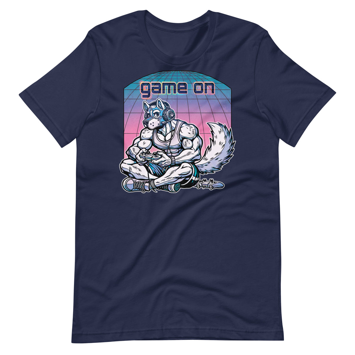 Navy t-shirt with a "Game On Pup" graphic design – Gamer Gay Pup Play T-Shirt – LGBTQ+ pride t-shirts US UK – Gay pride shirts collection – Made-to-order gay apparel