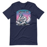 Navy t-shirt with a "Game On Pup" graphic design – Gamer Gay Pup Play T-Shirt – LGBTQ+ pride t-shirts US UK – Gay pride shirts collection – Made-to-order gay apparel