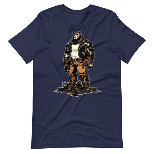 Navy Leather Daddy Bear T-Shirt – Gay Bear Pride Community Tee – LGBTQ+ pride t-shirts US UK – Gay pride shirts collection – Made-to-order gay apparel