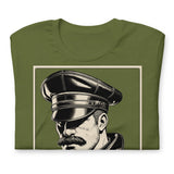 Olive green folded T-shirt with a graphic design of a mustachioed man in classic leather gear - Olive Leather Icon t-shirt - leather daddy gay pride LGBTQ+ tee by BackRoomGear